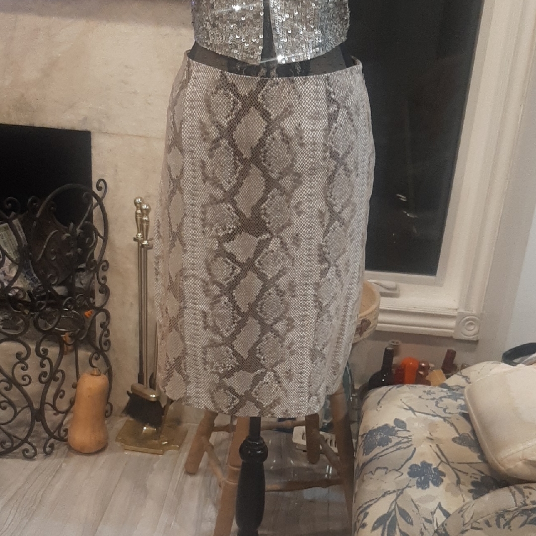 Gray And Cream Snakeprint Midi Pencil Skirt With 100% Genuine Leather